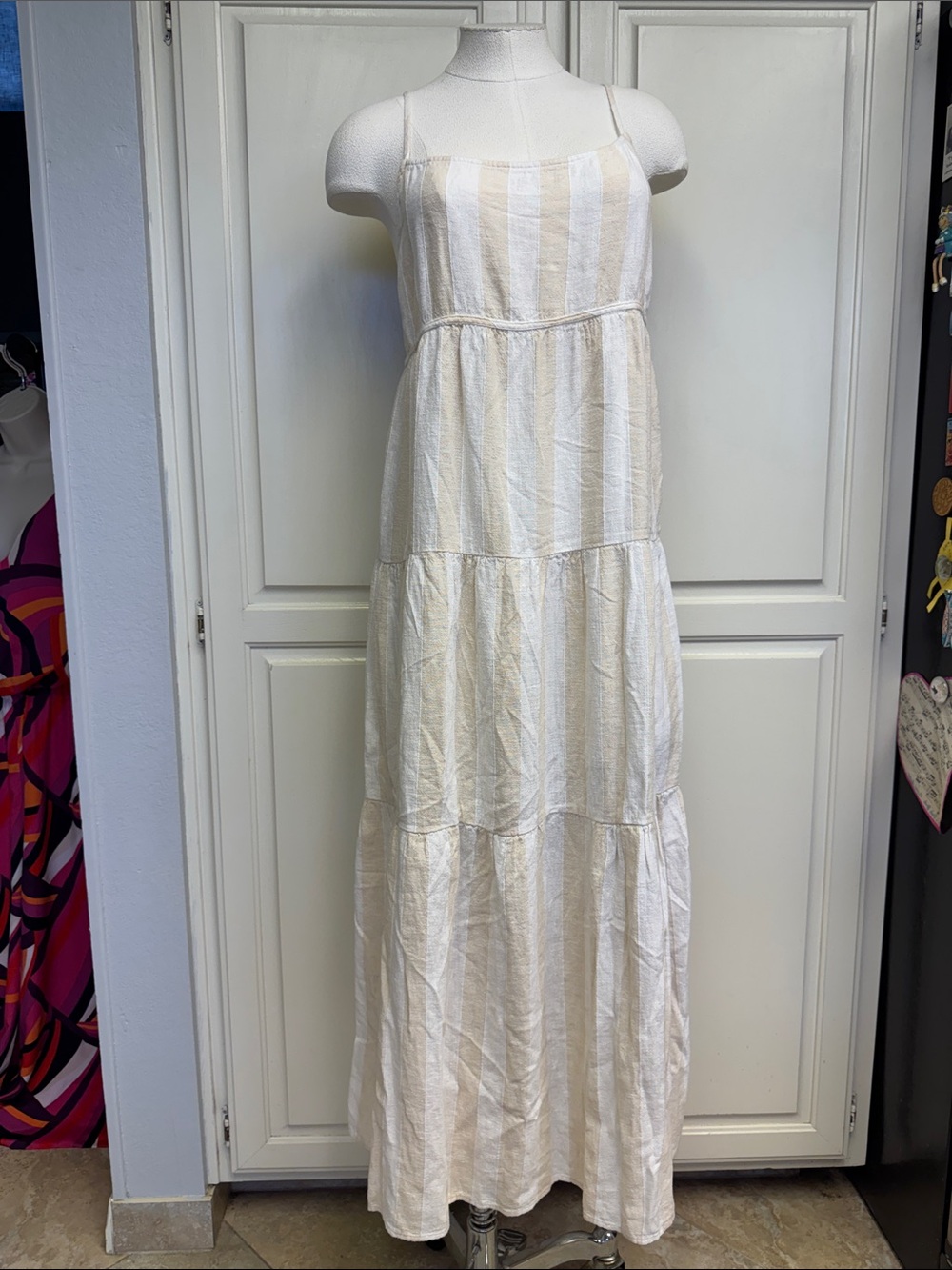 cloth & stone Beige and White Striped Sundress Sz L Linen